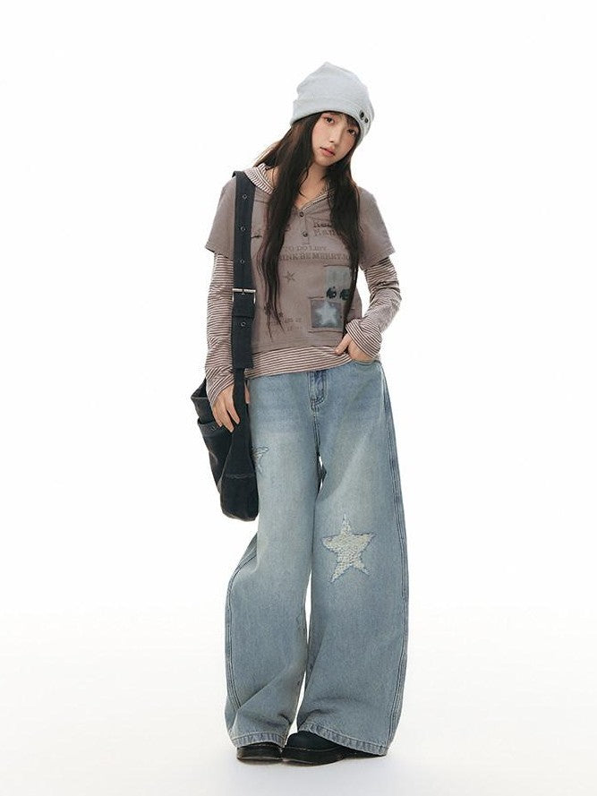 NAPSNAPS Star Jacquard Distressed Curved Cut Women&