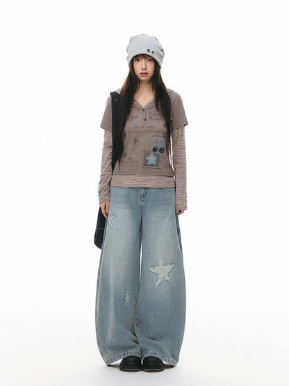 NAPSNAPS Star Jacquard Distressed Curved Cut Women&