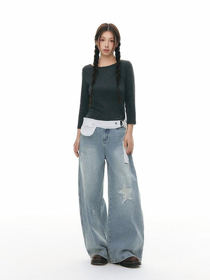 NAPSNAPS Star Jacquard Distressed Curved Cut Women&