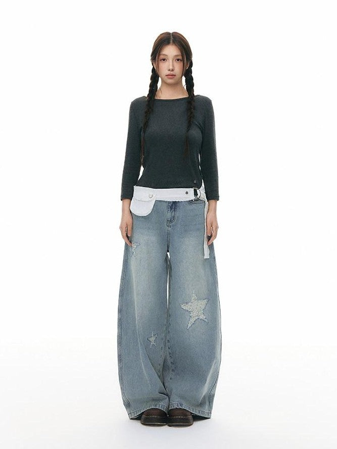 NAPSNAPS Star Jacquard Distressed Curved Cut Women&
