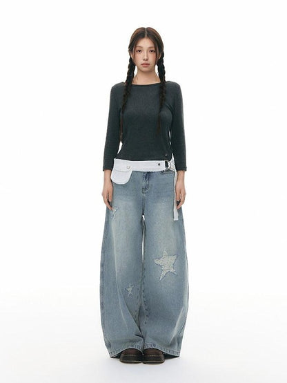 NAPSNAPS Star Jacquard Distressed Curved Cut Women&