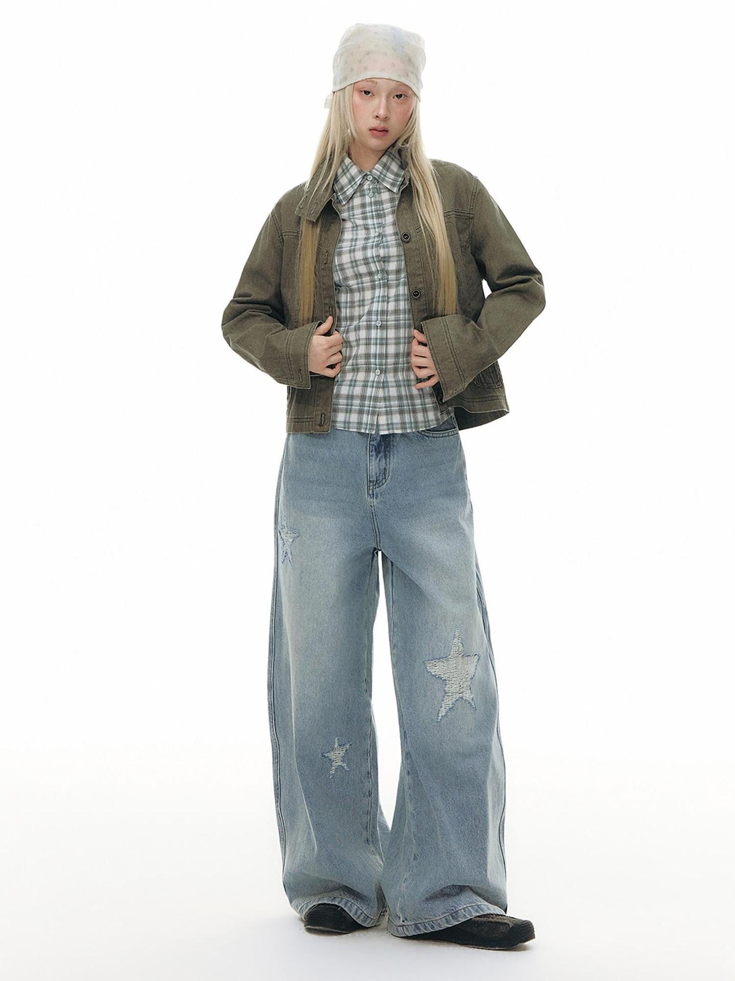 NAPSNAPS Star Jacquard Distressed Curved Cut Women&