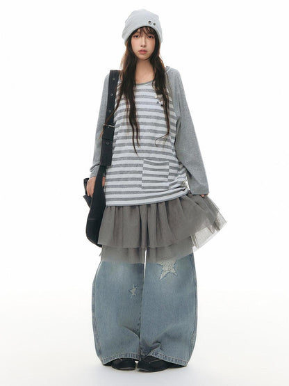 NAPSNAPS Star Jacquard Distressed Curved Cut Women&