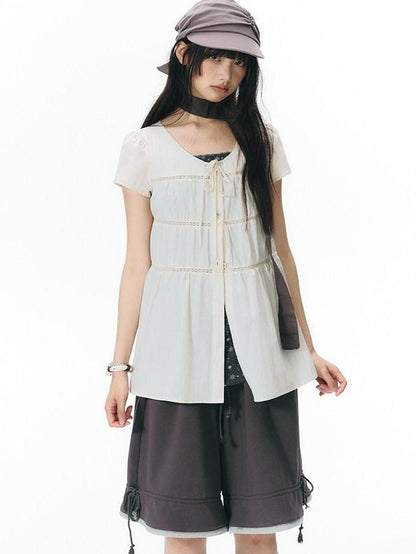 NAPSNAPS Star Print Puff Sleeve Waist Cinched Button Women&