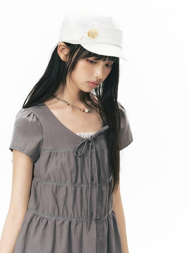 NAPSNAPS Star Print Puff Sleeve Waist Cinched Button Women&