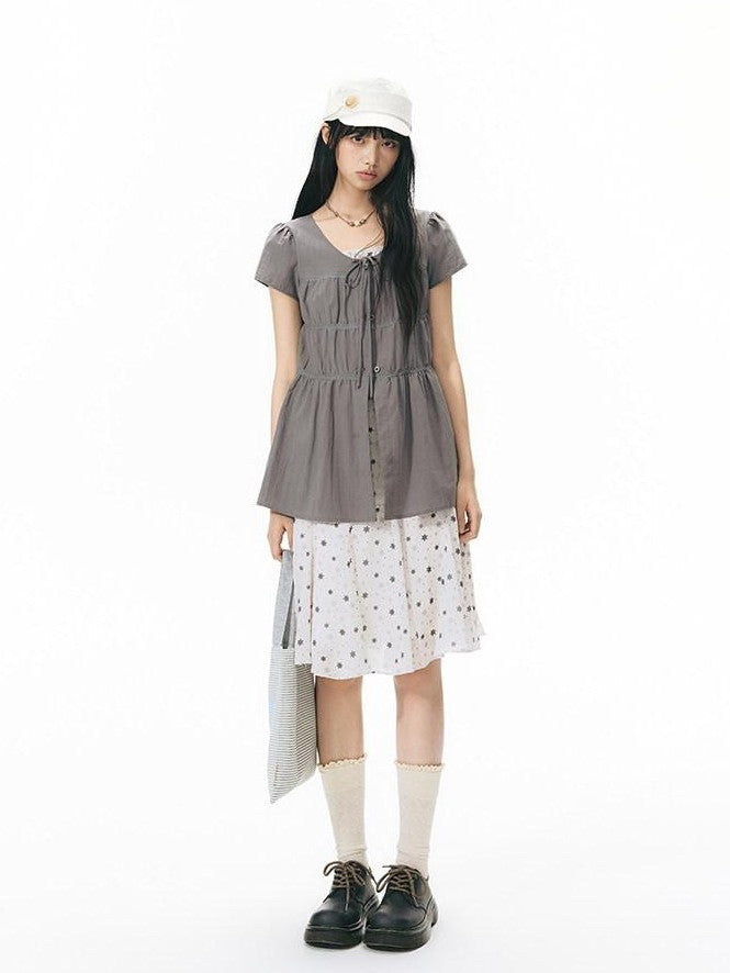 NAPSNAPS Star Print Puff Sleeve Waist Cinched Button Women&