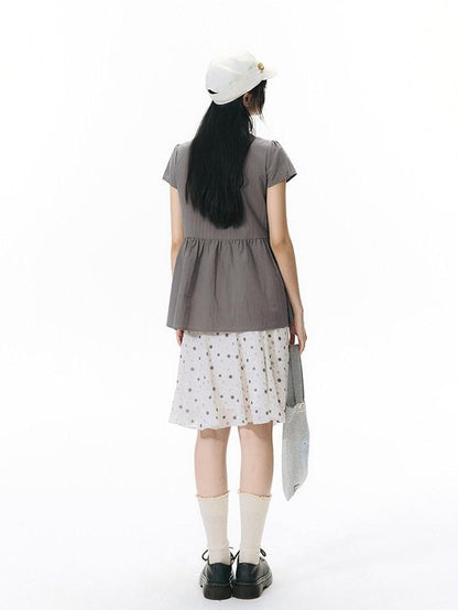 NAPSNAPS Star Print Puff Sleeve Waist Cinched Button Women&