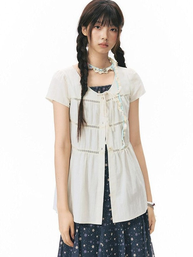 NAPSNAPS Star Print Puff Sleeve Waist Cinched Button Women&