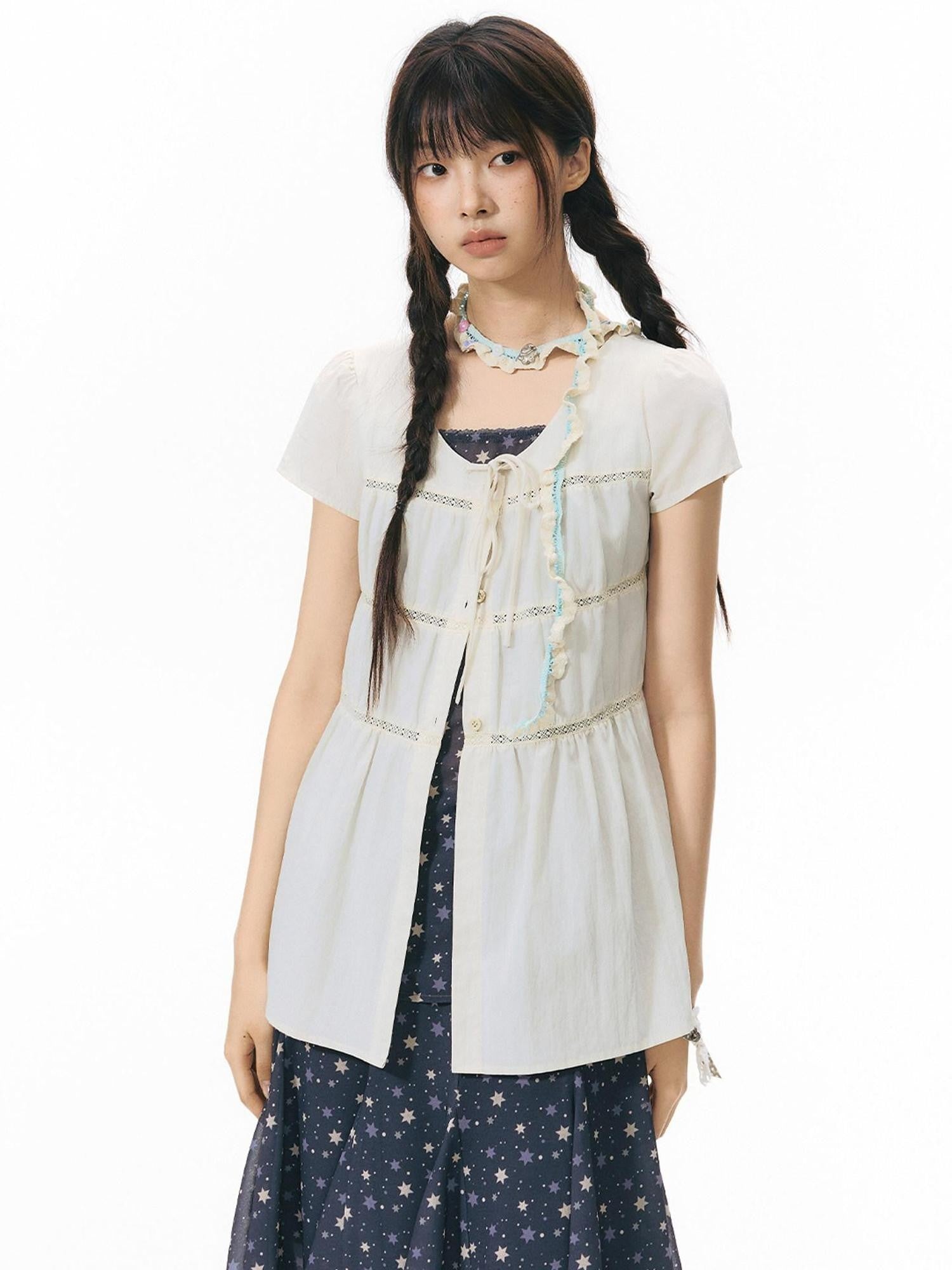 NAPSNAPS Star Print Puff Sleeve Waist Cinched Button Women&