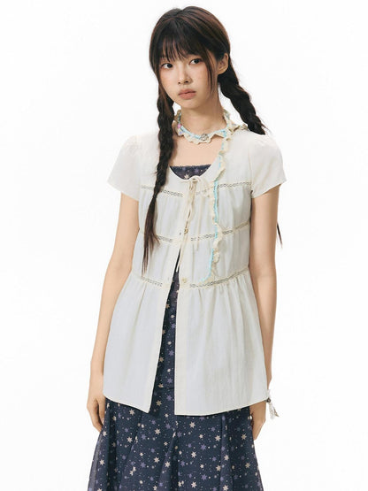NAPSNAPS Star Print Puff Sleeve Waist Cinched Button Women&