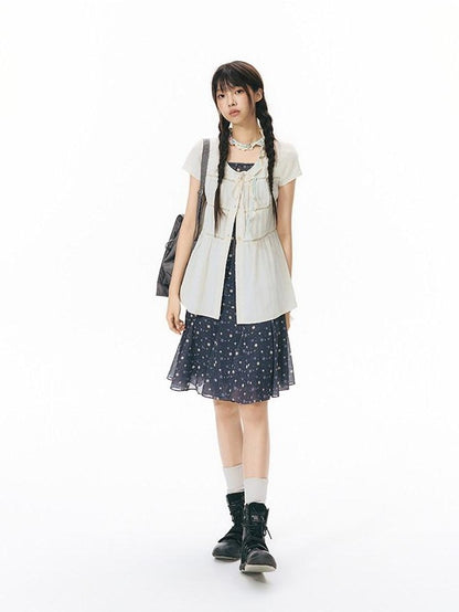 NAPSNAPS Star Print Puff Sleeve Waist Cinched Button Women&