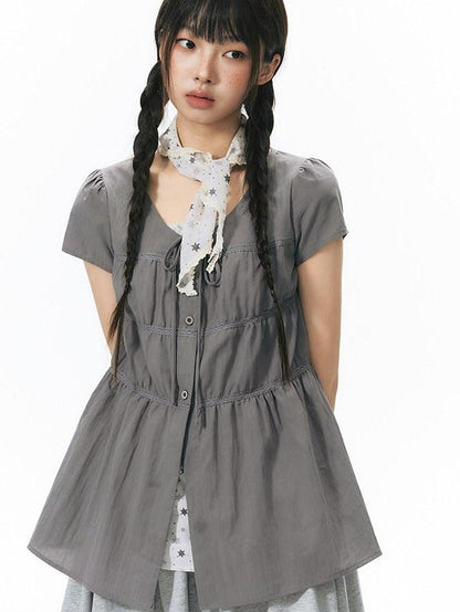 NAPSNAPS Star Print Puff Sleeve Waist Cinched Button Women&