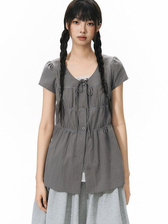 NAPSNAPS Star Print Puff Sleeve Waist Cinched Button Women&