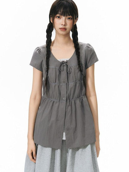 NAPSNAPS Star Print Puff Sleeve Waist Cinched Button Women&