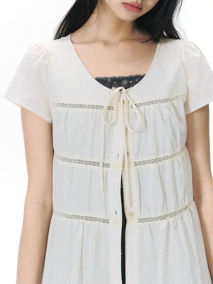 NAPSNAPS Star Print Puff Sleeve Waist Cinched Button Women&