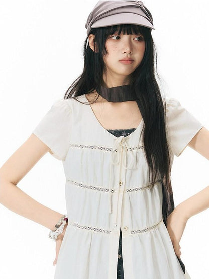 NAPSNAPS Star Print Puff Sleeve Waist Cinched Button Women&