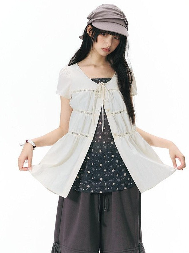 NAPSNAPS Star Print Puff Sleeve Waist Cinched Button Women&