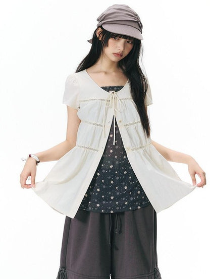 NAPSNAPS Star Print Puff Sleeve Waist Cinched Button Women&