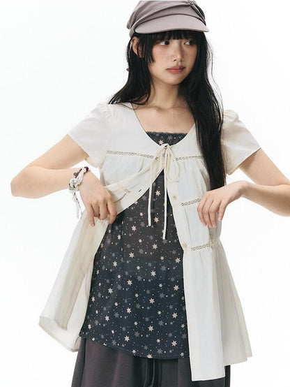 NAPSNAPS Star Print Puff Sleeve Waist Cinched Button Women&
