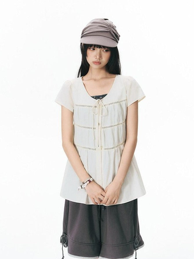 NAPSNAPS Star Print Puff Sleeve Waist Cinched Button Women&