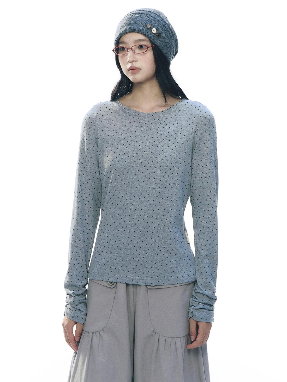NAPSNAPS Star Print Ruffle Trim Round Neck Cotton Women&