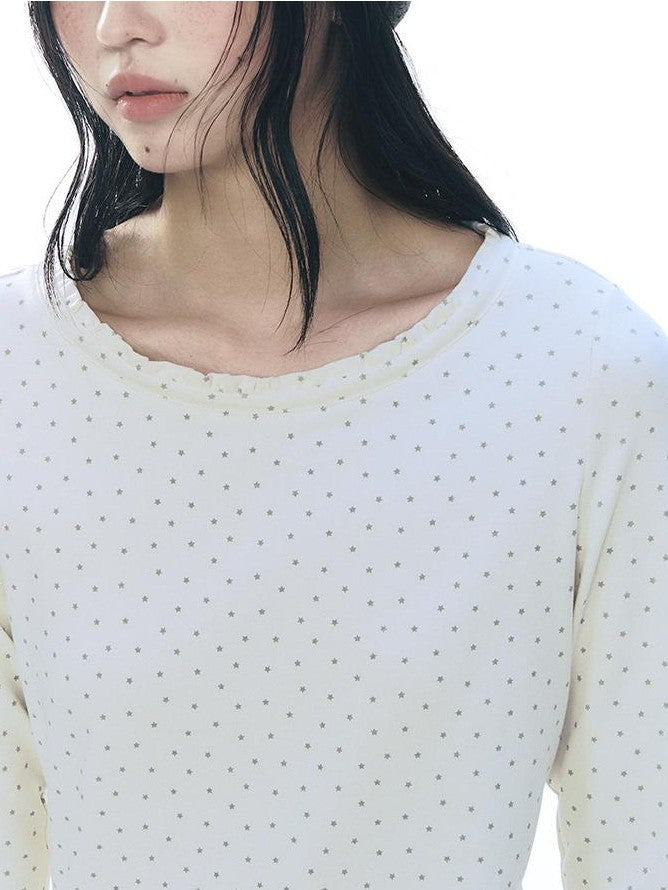 NAPSNAPS Star Print Ruffle Trim Round Neck Cotton Women&