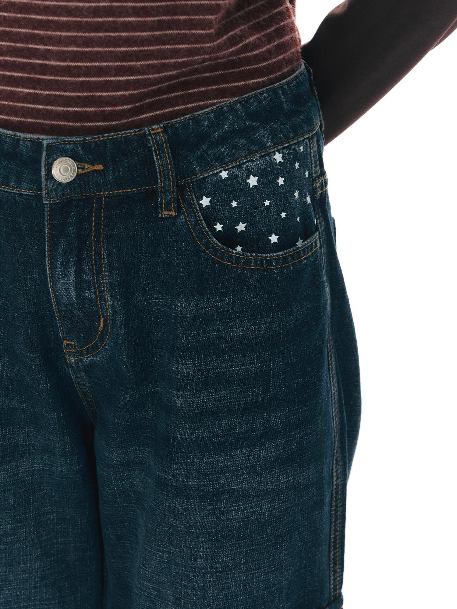 NAPSNAPS Star Print Vintage Pocket Low Waist Button Fly Women&
