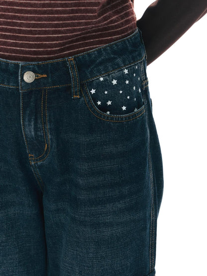 NAPSNAPS Star Print Vintage Pocket Low Waist Button Fly Women&