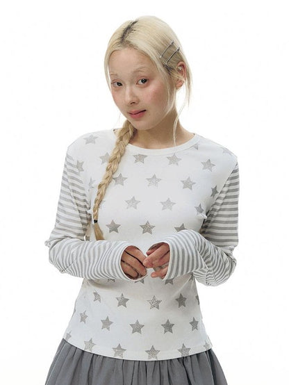 NAPSNAPS Star Stripe Print Patchwork Slim Fit Women&