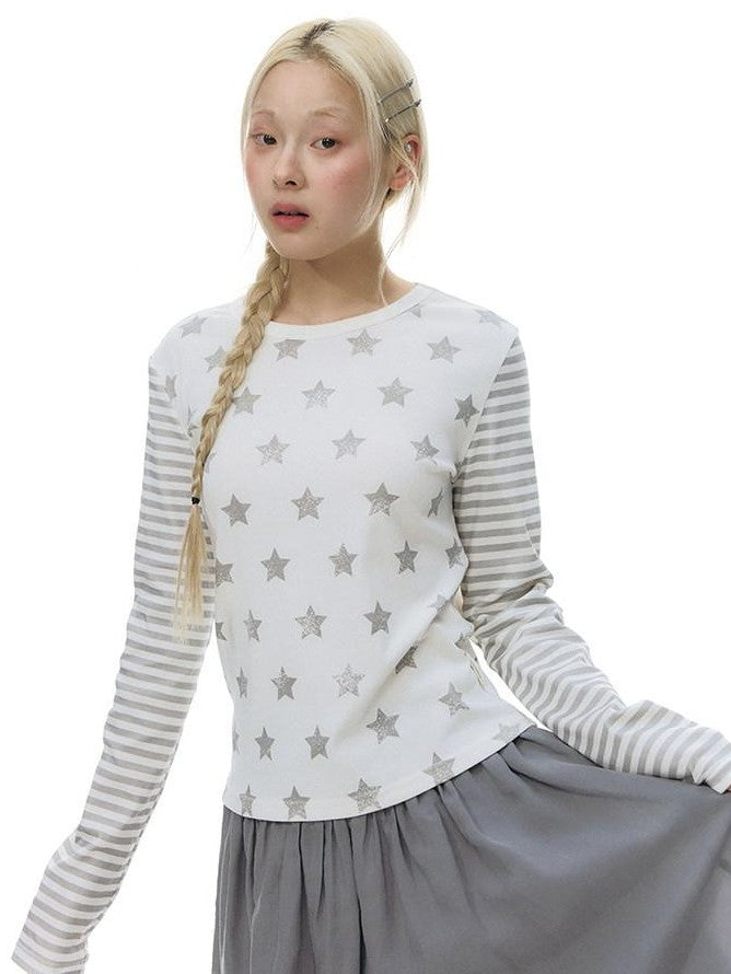 NAPSNAPS Star Stripe Print Patchwork Slim Fit Women&