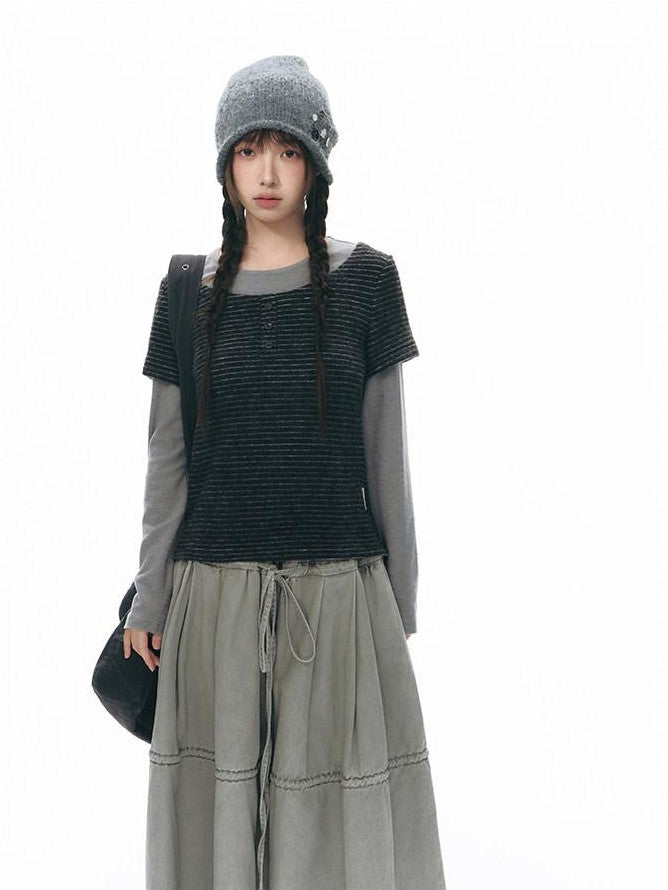 NAPSNAPS Striped Brushed Faux Two Piece Women&