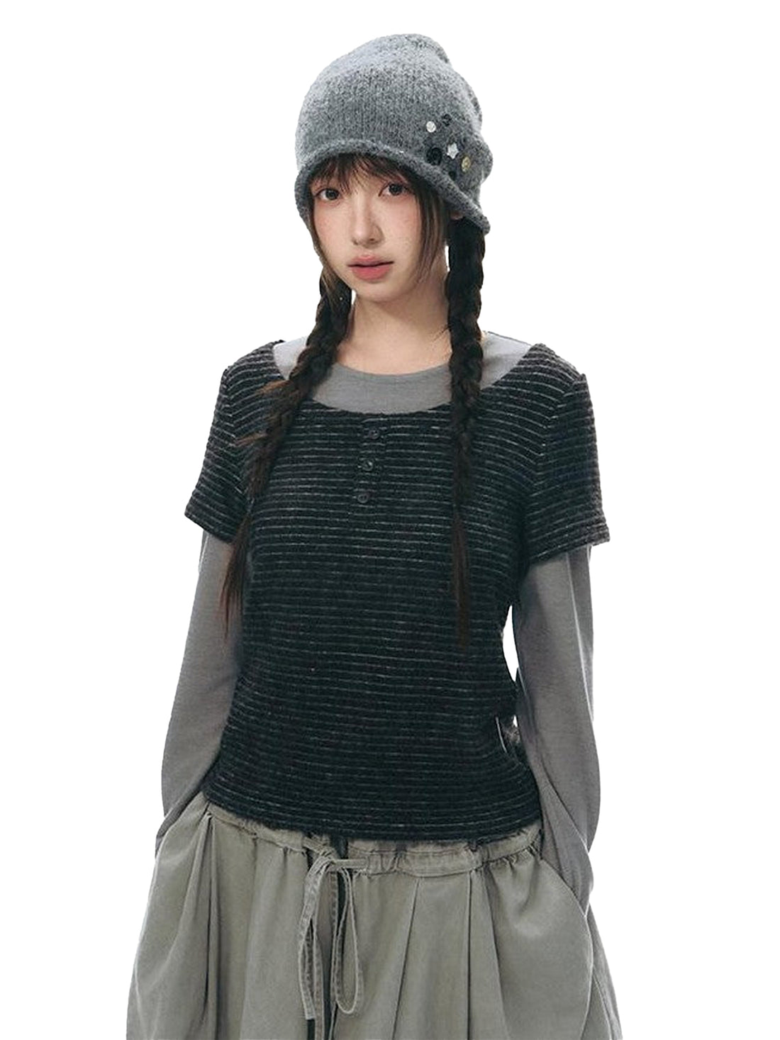 NAPSNAPS Striped Brushed Faux Two Piece Women&