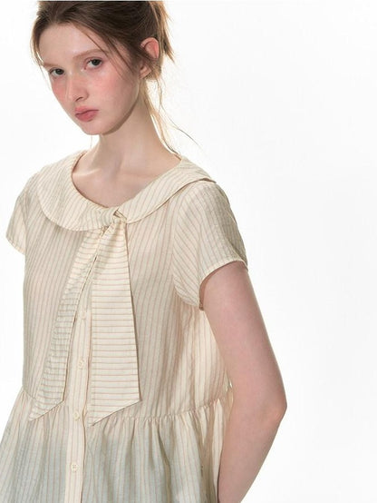 NAPSNAPS Striped Doll Collar Tie Slanted Placket Women&