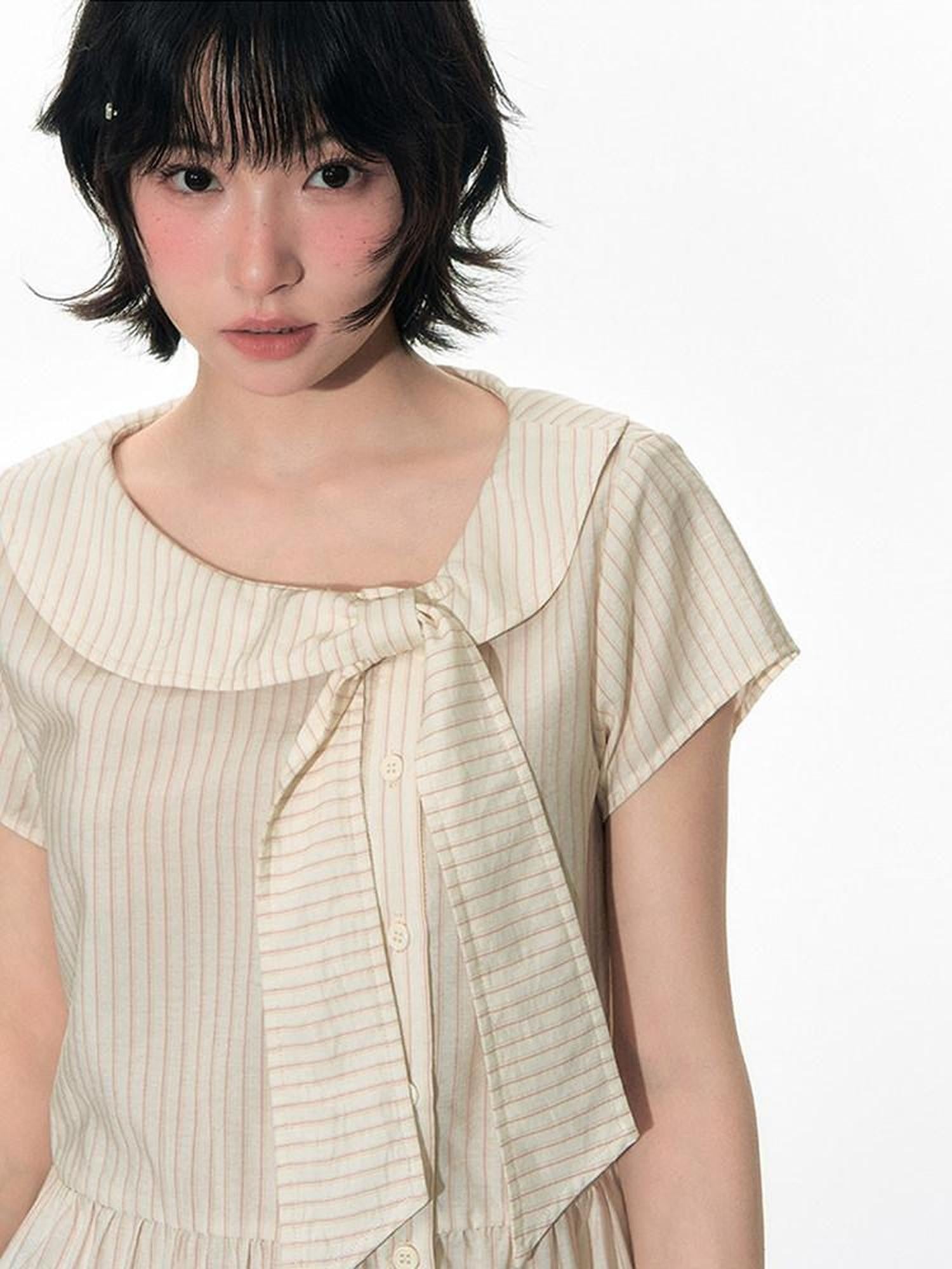 NAPSNAPS Striped Doll Collar Tie Slanted Placket Women&
