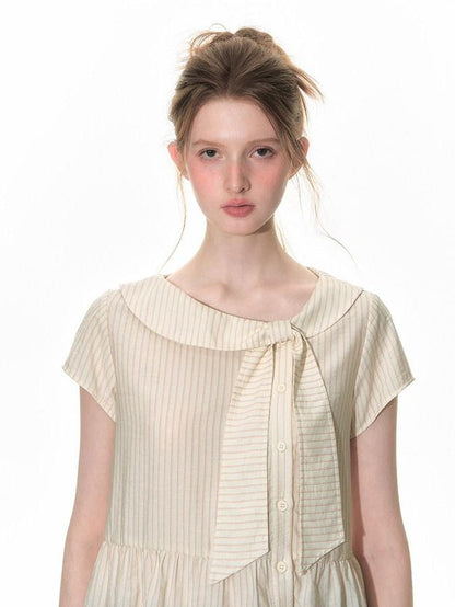 NAPSNAPS Striped Doll Collar Tie Slanted Placket Women&