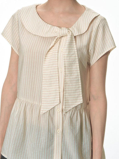 NAPSNAPS Striped Doll Collar Tie Slanted Placket Women&