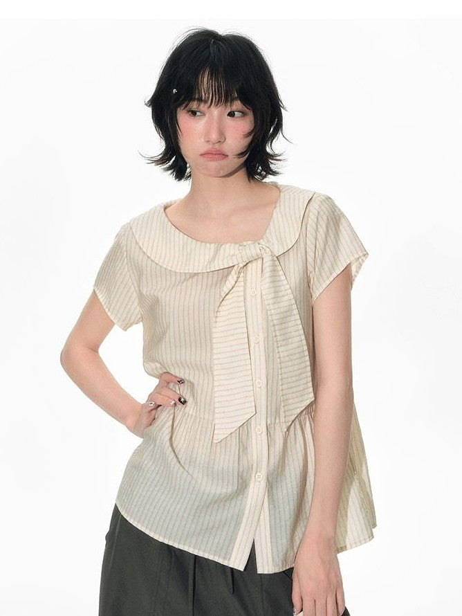 NAPSNAPS Striped Doll Collar Tie Slanted Placket Women&