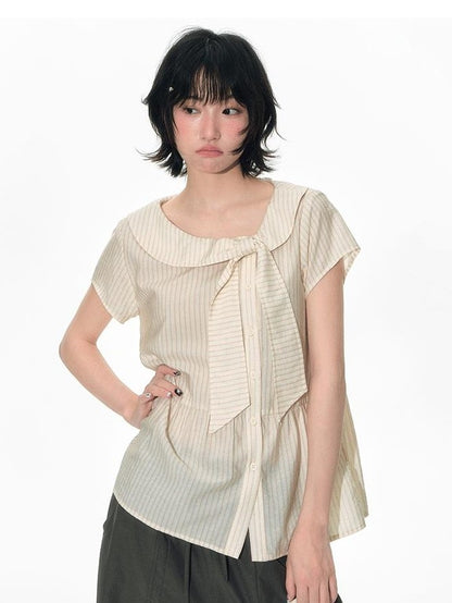NAPSNAPS Striped Doll Collar Tie Slanted Placket Women&