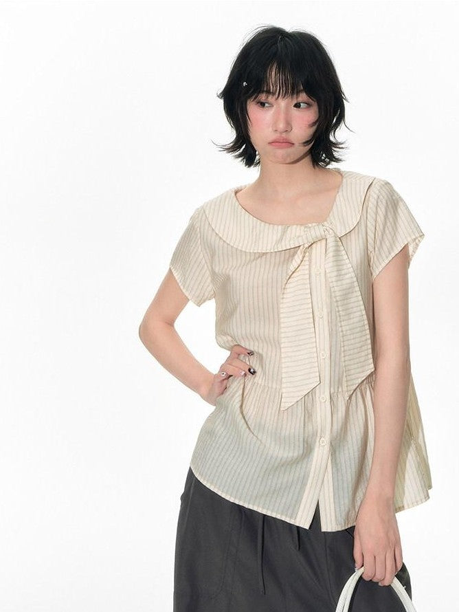NAPSNAPS Striped Doll Collar Tie Slanted Placket Women&