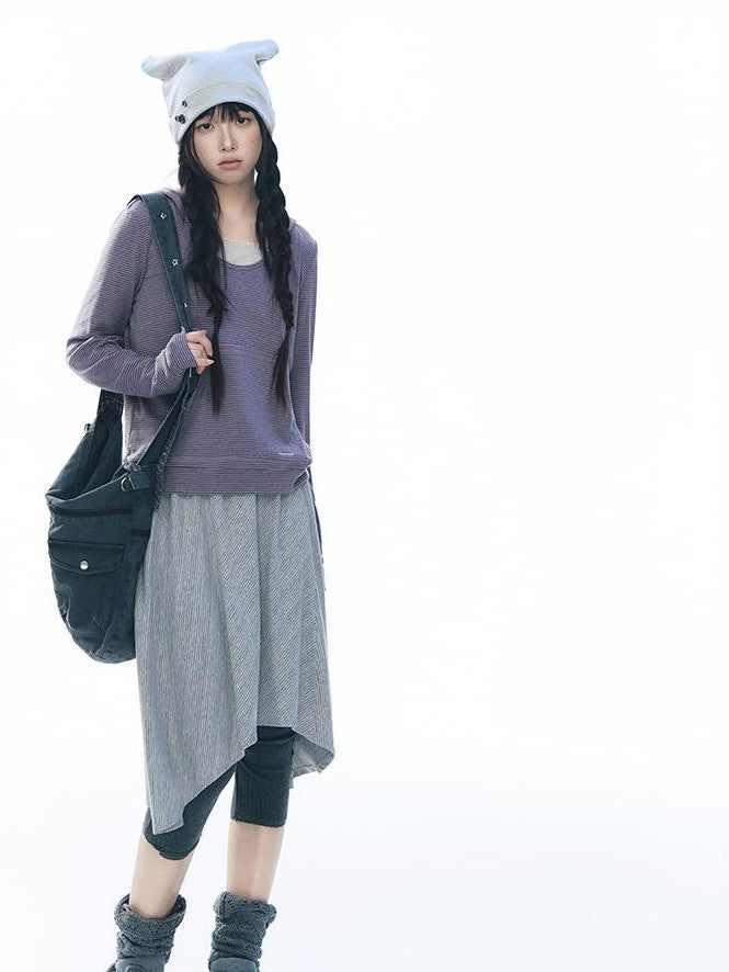 NAPSNAPS Striped Embroidered Hooded U Neck Knit Women&