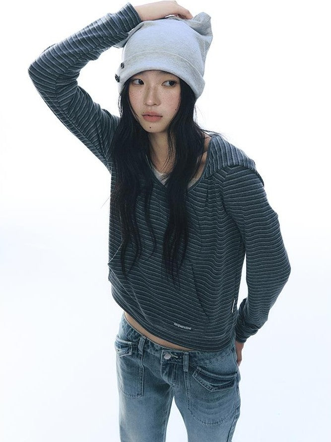 NAPSNAPS Striped Embroidered Hooded U Neck Knit Women&