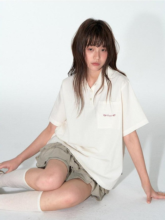 NAPSNAPS Striped Embroidered Spliced Polo Collar Women&