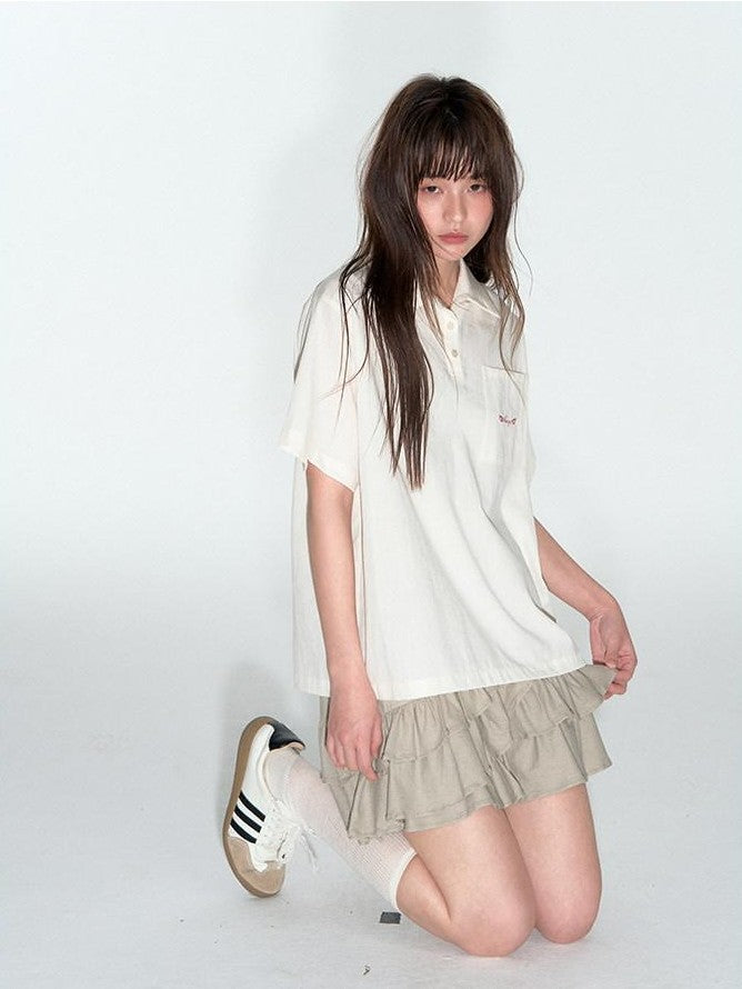 NAPSNAPS Striped Embroidered Spliced Polo Collar Women&
