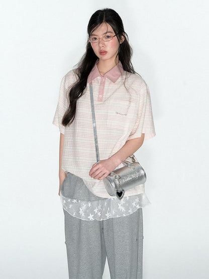 NAPSNAPS Striped Embroidered Spliced Polo Collar Women&