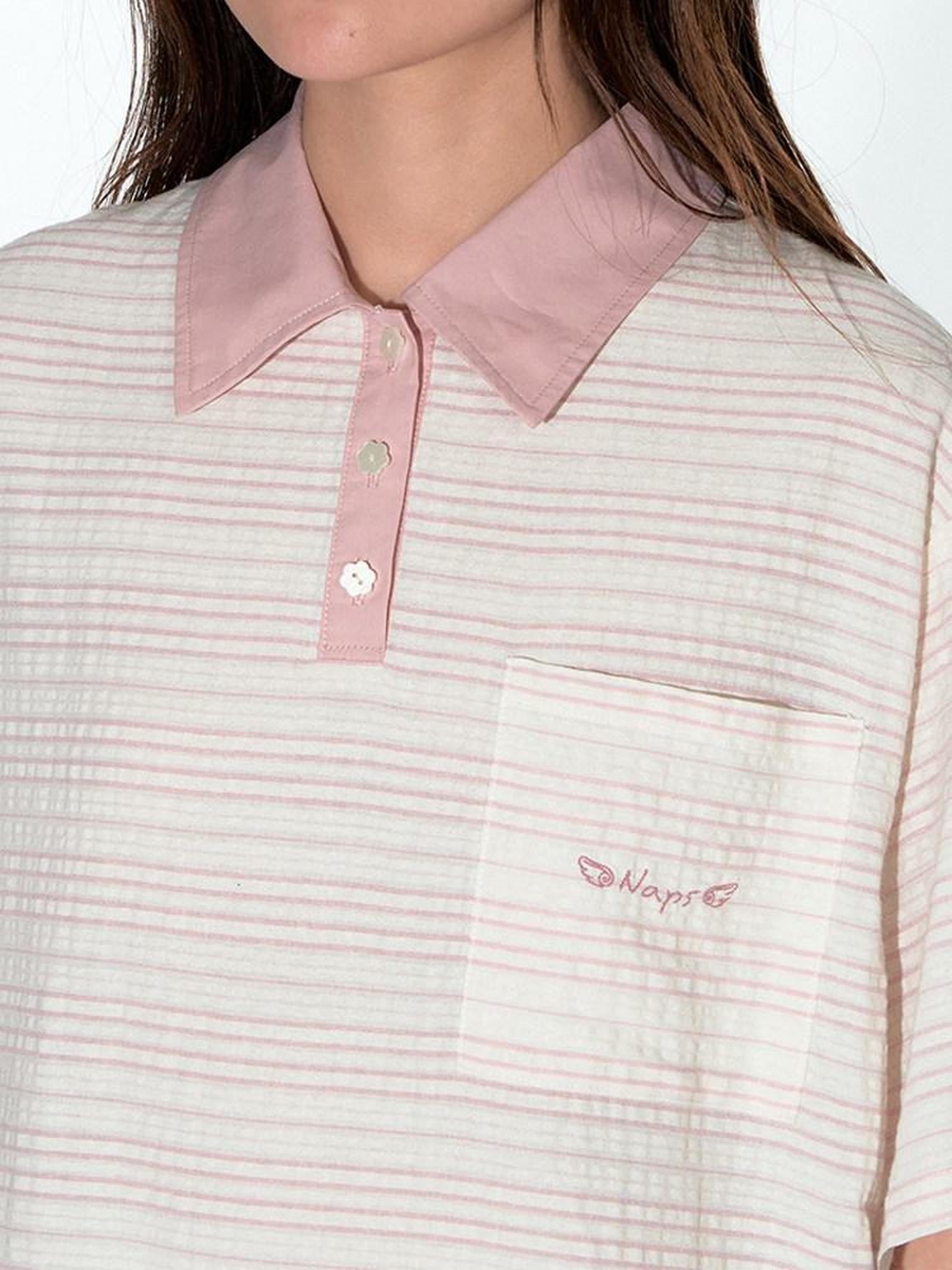 NAPSNAPS Striped Embroidered Spliced Polo Collar Women&