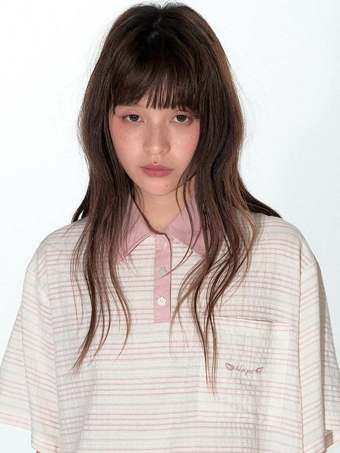 NAPSNAPS Striped Embroidered Spliced Polo Collar Women&