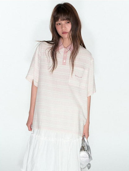 NAPSNAPS Striped Embroidered Spliced Polo Collar Women&