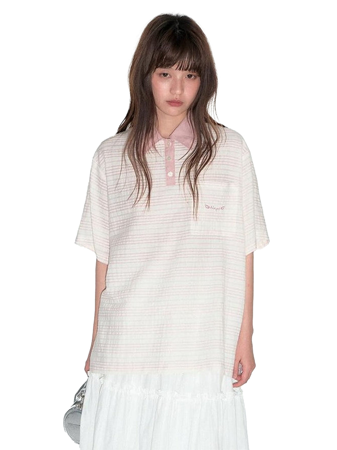NAPSNAPS Striped Embroidered Spliced Polo Collar Women&