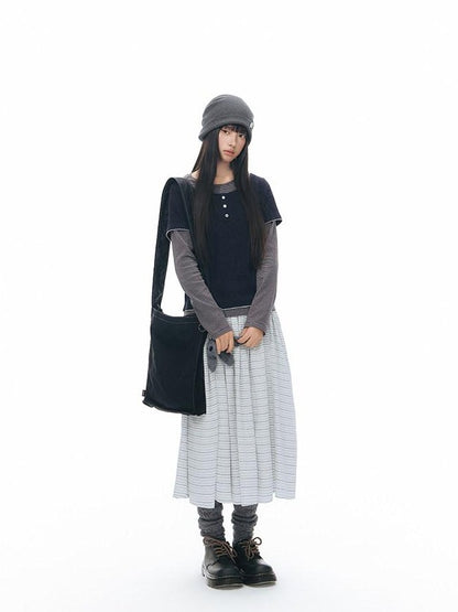 NAPSNAPS Striped Faux Layered Henley Knit Women&