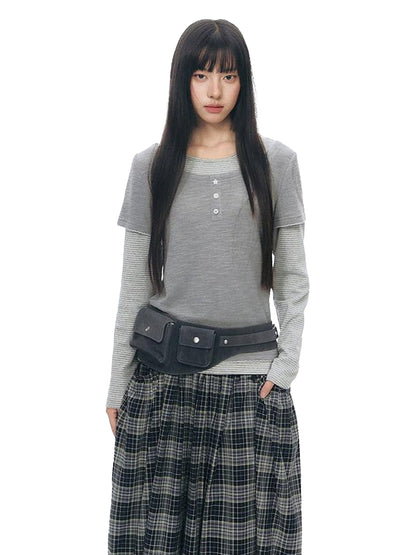 NAPSNAPS Striped Faux Layered Henley Knit Women&